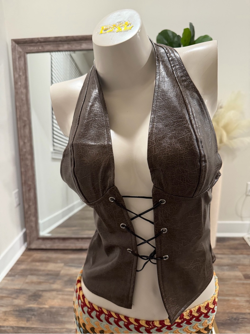 Brown Faux Leather Halter Lace-Up Top
